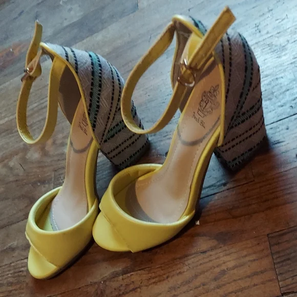 4 For $12 Yellow Strappy Heels with Patterned Block Heel - Picture 9 of 9